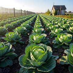 Cabbage Field - Rows of Green Vegetables in a Farm Landscape.