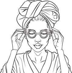 african american woman with a towel on her head, wearing a robe and a spa mask; her hands are holding cucumber slices and milk over her eyes