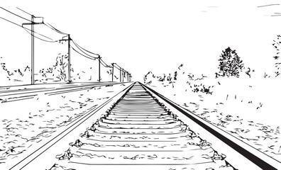 a simple vector line drawing of black and white train tracks, a flat style illustration on a solid background