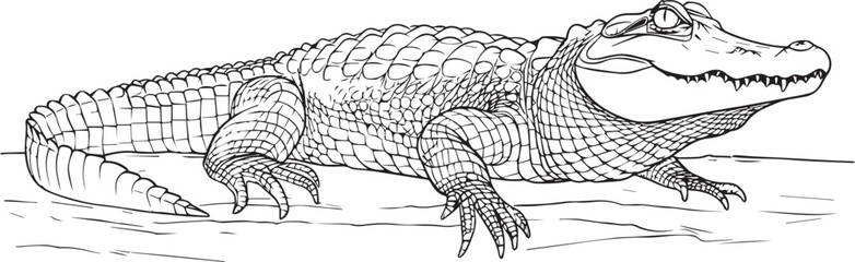 alligator vector line art coloring page for kids, simple, no shading, white background, thick lines, low detail, no grayscale