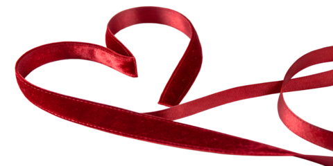 Elegant red satin ribbon artfully shaped into a heart symbol isolated on transparent background