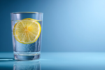 Transparent glass with water and lemon on a blue background. Concept: healthy lifestyle, proper nutrition. 