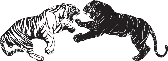 black and white tiger versus panther fighting tattoo design vector illustration on a white background. illustration of two feline animals in a fighting pose