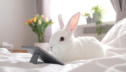 A fluffy white rabbit, attentively perched on a rumpled white bed, gazes at a tablet with focused interest. Flowers and sunlight accent