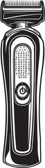 black and white vector graphic of an electric hair clipper, simple design, icon style, high contrast, white background