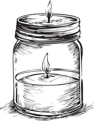 black and white vector line art, clip art of a glass jar with a candle inside, simple hand-drawn doodle, white background, flat design style