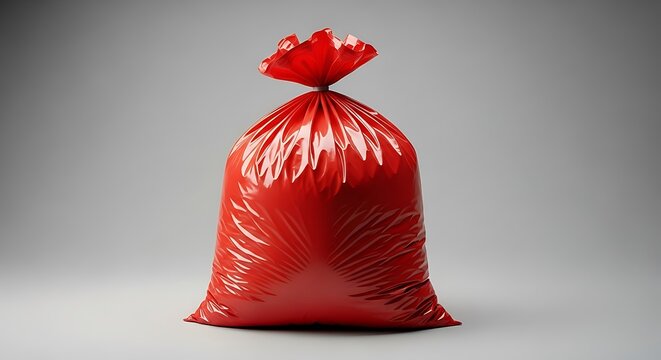 Red Plastic Bag Filled with an Unknown Substance on Gray Background.
