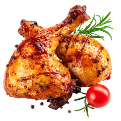Juicy, golden-brown roasted chicken drumsticks, garnished with herbs and a tomato