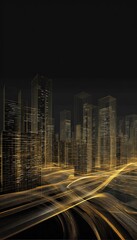 Abstract cityscape with glowing lines and skyscrapers against black backdrop