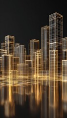 Abstract cityscape with illuminated buildings and reflective surface