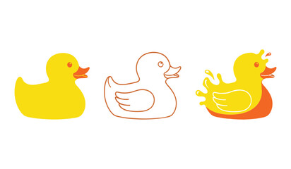 A set of three yellow rubber ducks one solid one outline one splashing orange