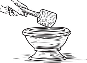 hand holding a wooden mallet, striking a stone mortar and pestle together. line art clipart on a white background