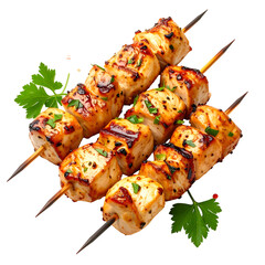 Grilled chicken skewers arranged with parsley garnish on a black background