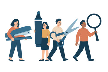 Obraz premium Diverse team walking together while carrying disproportionately large office supplies