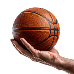 A hand holds a brown basketball against a black backdrop, well-lit with shadow