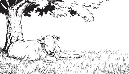 simple black and white line drawing of a cow lying under a tree in a grassy meadow. a simple vector illustration for a children's coloring book page