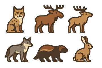 Obraz premium Stylized collection of six North American wild animals including moose, elk, wolf, lynx, wolverine, and hare