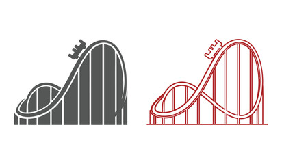 Two stylized roller coaster icons one dark grey and one red on white background amusement park ride