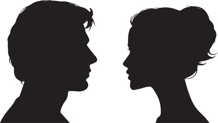vector silhouette of a man and woman's heads looking at each other, simple shapes, white background, no shadows, simple lines, vector art, flat design