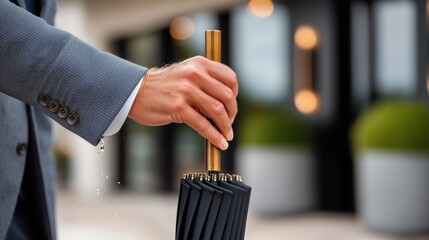 Close-up of a stylish hand holding a closed umbrella