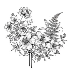 Elegant Floral Arrangement - Detailed Botanical Illustration with Roses and Lilies.