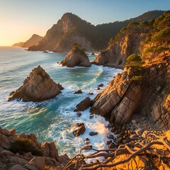 Coastal Serenity - Cliffs and Turquoise Waters at Sunset.