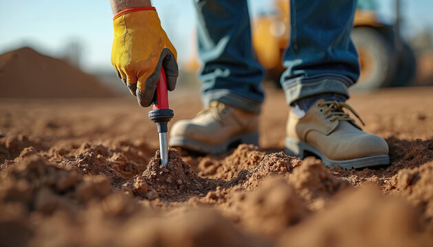Construction worker testing soil compaction with probe on building site. Man wearing gloves and boots checks ground with tool. Bulldozer in background for earthmoving and excavation work.