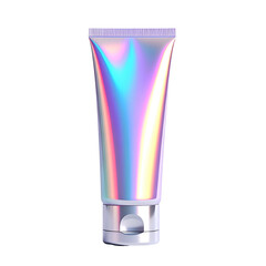 A digitally rendered holographic tube with a silver cap, possibly for skincare or cosmetics