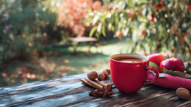 Red cup of hot drink with apples, nuts, and cinnamon on rustic wooden table in garden with autumn colors, ideal for seasonal mockups, cafe branding, and fall marketing visuals