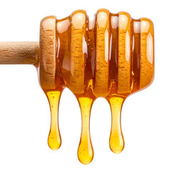 Close-up of honey dripping from a wooden dipper against a transparent background