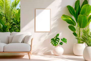 Mid century modern interior with grey sofa and empty poster frame mockup