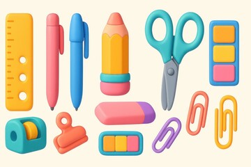 Vibrant collection of essential school and office stationery supplies on light background