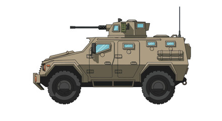 Armored Military Vehicle with Mounted Gun and Antenna.