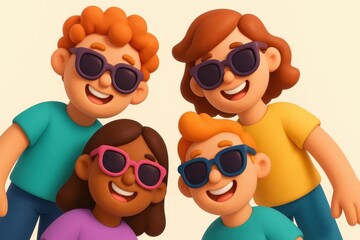 Fototapeta premium Diverse group of four smiling friends wearing colorful sunglasses looking directly at the viewer