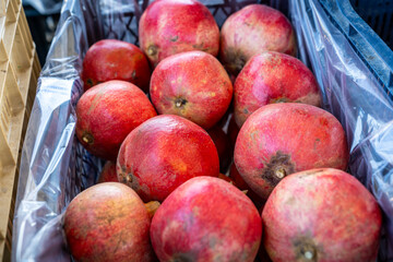 Ripe red fresh pomegranate fruit (Nar). They are being packed into crates to be sent to the market....
