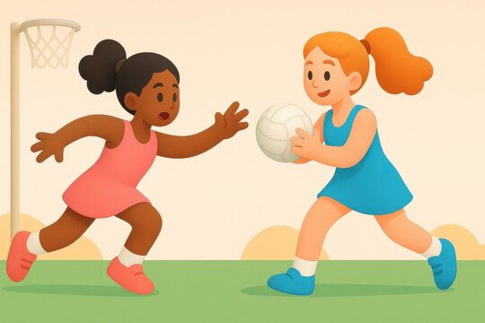 Two diverse young girls playing netball outdoors on a sunny day near the hoop