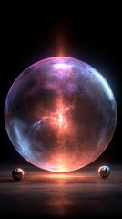 Abstract sphere with energy core and metallic spheres on dark background