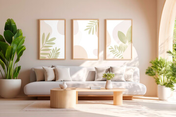 Modern japandi interior with triple empty frames and minimalist furniture
