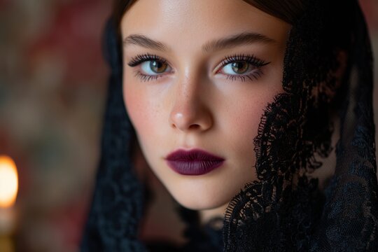 Close up portrait of gothic witch with lace veil and dark makeup in candlelit vintage room - Powered by Adobe