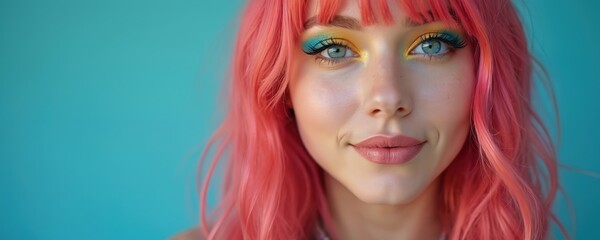 Obraz premium Young woman with vibrant pink hair and striking colorful eye makeup smiles. Her blue eyes sparkle against a solid blue backdrop, radiating a sense of fun and youthful energy.