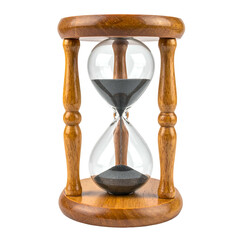 An upright hourglass with dark sand, a wooden frame, and transparent glass bulbs