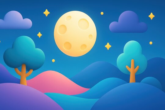 Colorful night landscape with a large full moon, stylized trees, and rolling hills under a starry sky