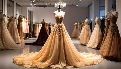 Elegant bridal ball gown with sweetheart neckline, floral embroidery, and long train displayed on mannequin in candlelit setting with white roses and draped curtains.