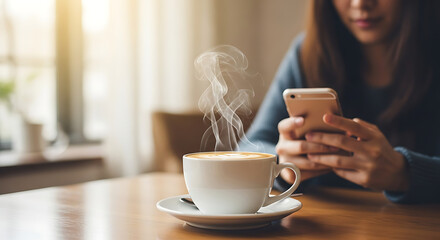 Woman enjoying coffee and using her smartphone at a cafe with steam rising