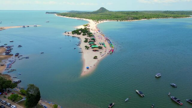 Aerial drone footage over "Alter do Chao" beach on "Ilha do Amor" island, along the Tapajos river in Santarem, Para state, Brazil &ndash; a freshwater paradise known as the brazilian caribbean