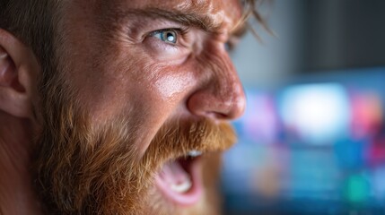 Close-up of man's intense face showing excitement