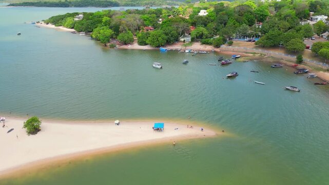 Aerial drone footage over "Alter do Chao" beach on "Ilha do Amor" island, along the Tapajos river in Santarem, Para state, Brazil &ndash; a freshwater paradise known as the brazilian caribbean