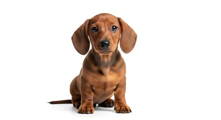 Adorable Dachshund Puppy Sitting on White Background Looking at Camera.