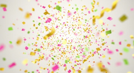 A colorful burst of confetti in vibrant shades of pink, yellow, and green scattered in midair, creating a festive and celebratory atmosphere.