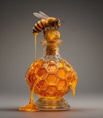 Bee perched atop a decorative honey bottle against a neutral backdrop